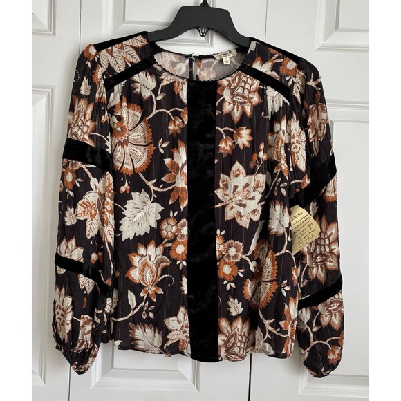 ONE WORLD WOMEN'S TOPS SIZE SMALL BOHO FLORAL PRINT VELVET PULLON LONG SLEEVE - Picture 1 of 7